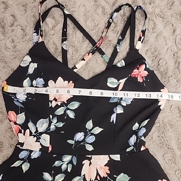 Trixxi Thin Strap Black Dress with Pink and Blue Floral Pattern - Picture 3 of 10